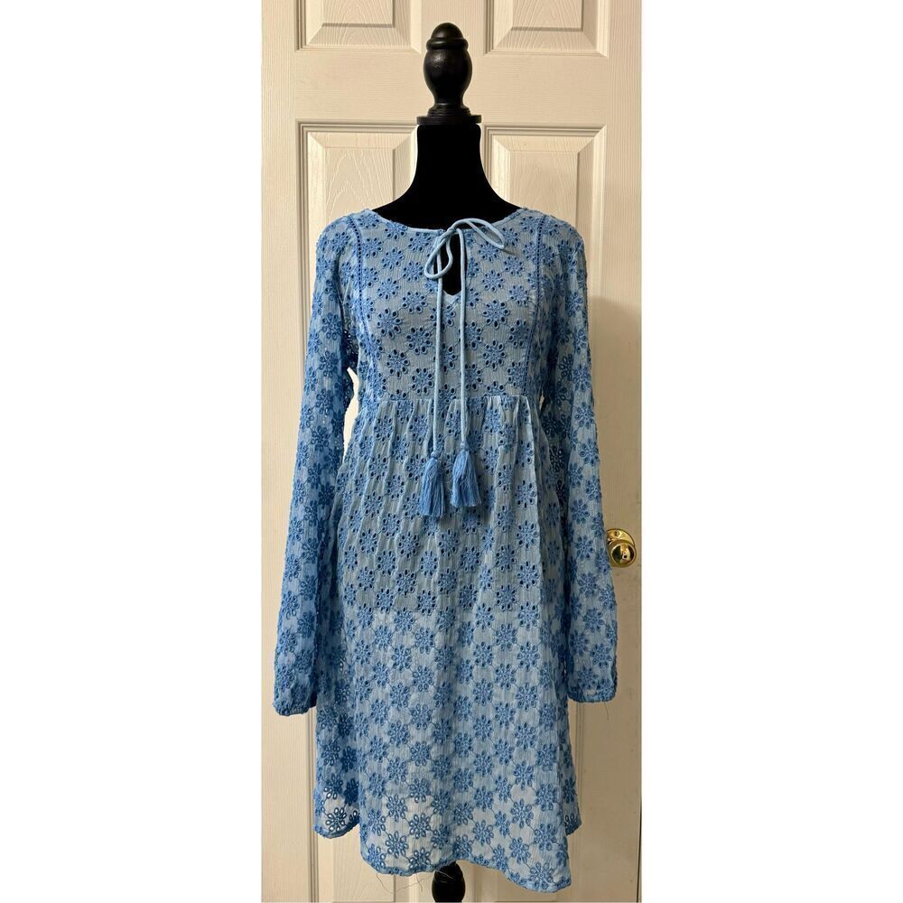 NWOT Sundance Catalog Embroidered Eyelet Boho Tassel Tie Collar Tunic Mini Dress